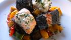 Salmone, coda di rospo e verdure al forno