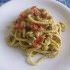 Spaghetti al pesto di Carcioghiotto,triglie e pomodori all’ Aceto Balsamico di Modena