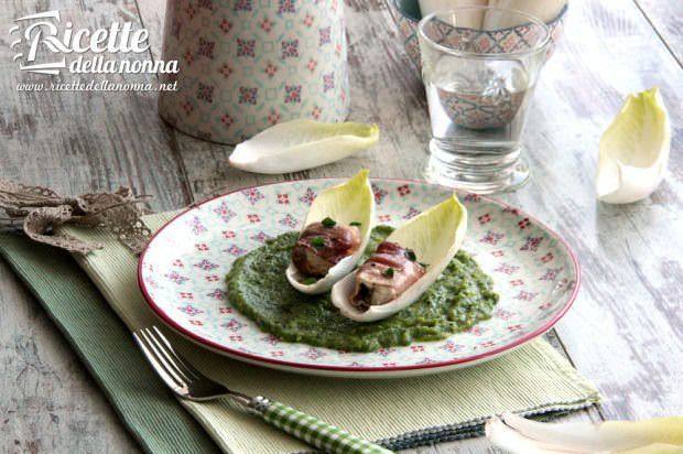 Rana pescatrice speck, indivia e zucchine