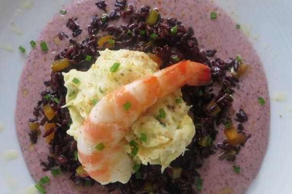 Riso venere, la sua crema, baccalà e mazzancolla