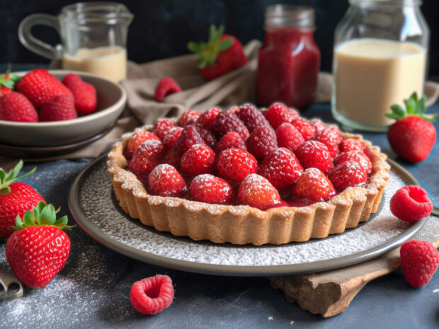 Crostata al cioccolato, con geleè di fragole e lamponi