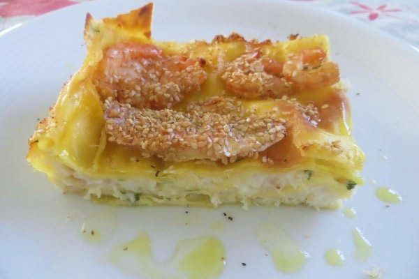 Lasagne al baccalà, gamberi e triglie