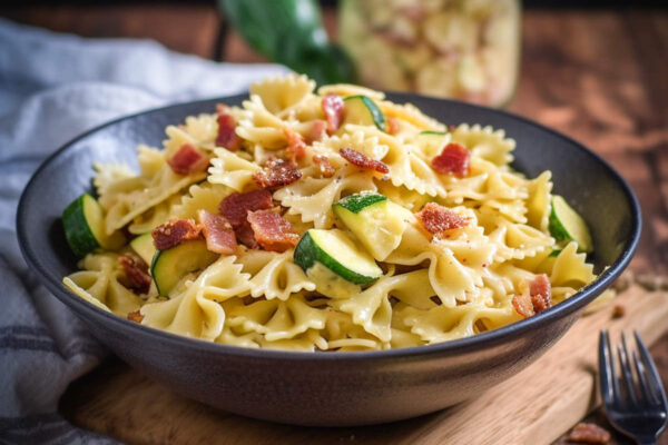 Pasta con zucchine, curry e pancetta