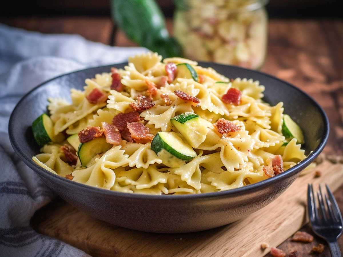 Pasta zucchine, curry e pancetta