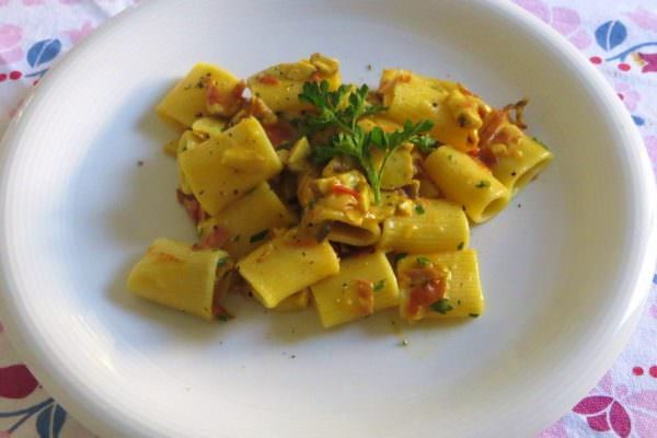 Mezze maniche con funghi porcini, pecorino, zafferano e speck