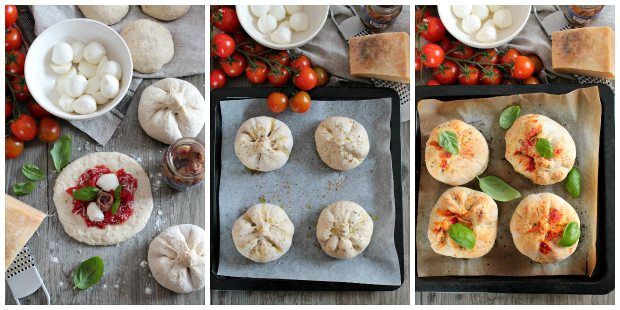 Preparazione strombolini panini ripieni alla mozzarella, pomodoro e basilico