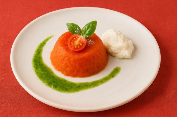 Bavarese al pomodoro, con ricotta e basilico