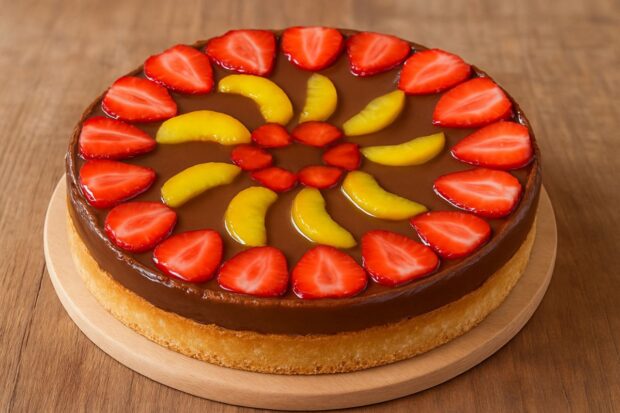 Torta crema, cioccolato, pesche e fragole