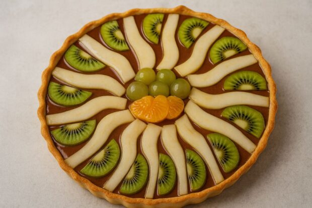 Crostata di cioccolata e frutta, con kiwi e fette di pera disposte a raggiera ed al centro acini d'uva e spicchi di mandarino