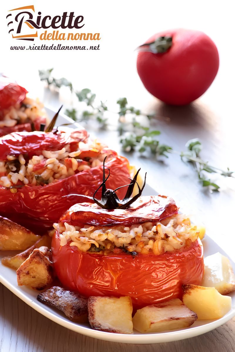 Pomodori ripieni con il riso su un vassoio con patate e un pomodoro di sfondo. Primo piano