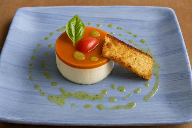 Cheesecake salata con raveggiolo, pomodoro, pane e basilico