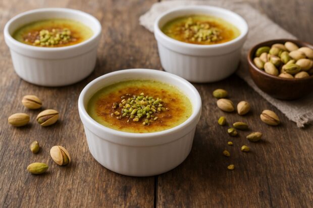 Tre piccole creme brulee al pistacchio su tavolo di legno e pistacchi ai lati per decorazione
