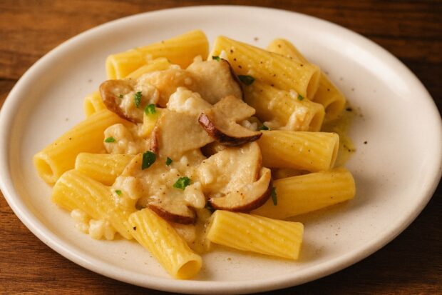 Piatto di rigatoni con gallinella e funghi porcini, legati da una crema