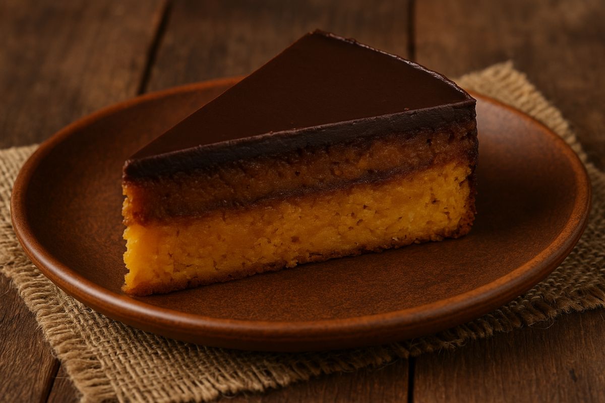 Fetta di torta zucca e cioccolato, fatta da una base di ciambella alla zucca, una farcitura di mele e una glassatura di cioccolato. Primo piano
