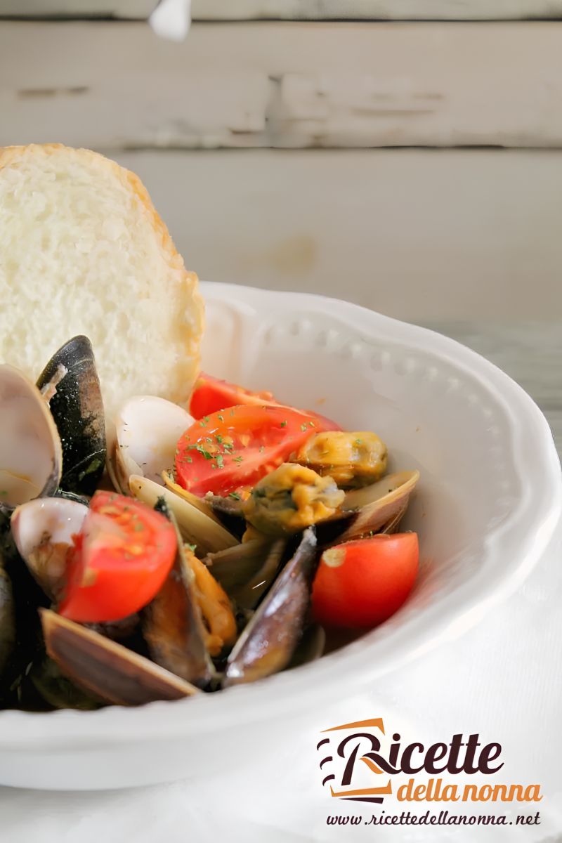 Zuppa di frutti di mare fatta da fasolari, cozze e vongole, servita con una fetta di pane in un piatto fondo bianco