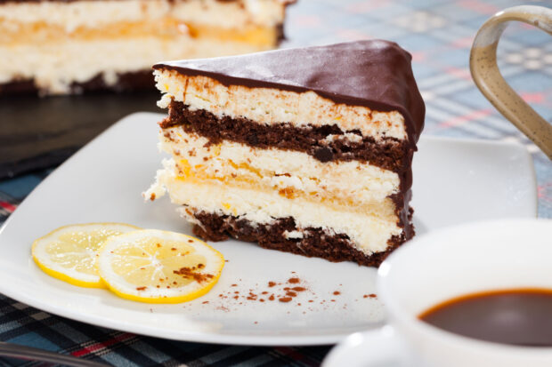 Fetta di Torta al limone e cioccolato servita su un piatto bianco