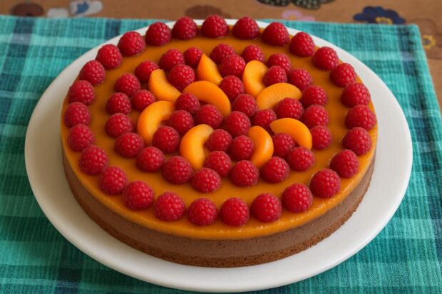 Torta vaniglia e cioccolato, copertura lucida di gelatina di albicocche e lamponi, su un piatto bianco e tovaglia a quadri verde
