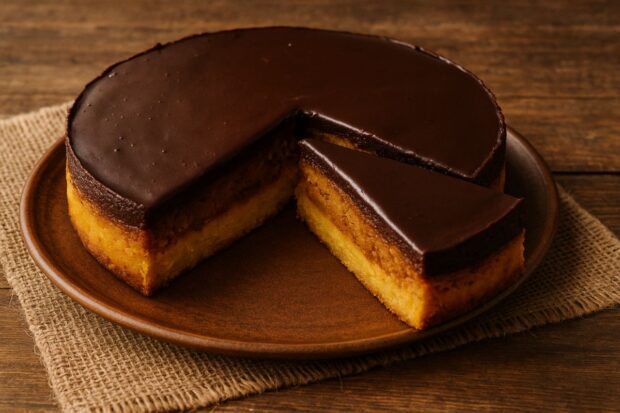 Torta zucca e cioccolato, fatta da una base di ciambella alla zucca, una farcitura di mele e una glassatura di cioccolato