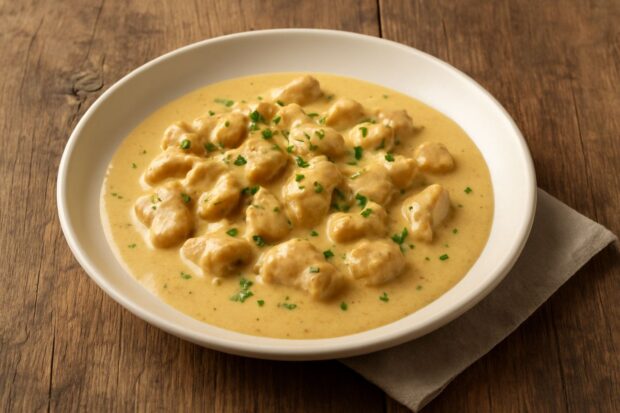 Piatto bianco con sovracosce di pollo a pezzetti, ricoperti da una salsa dorata fatta con il vino bianco, guarnita con erbe fresche. Piatto su tavolo di legno