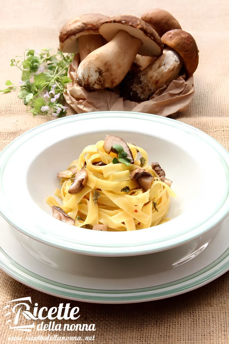 Tagliatelle ai funghi porcini su un piatto bianco, con sopra dei funghi porcini. Primo piano