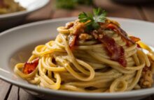 Pasta con melanzane e pancetta