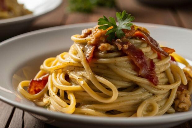 Pasta con melanzane e pancetta