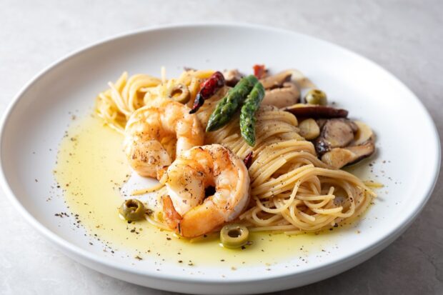 Pasta gamberi e melanzane
